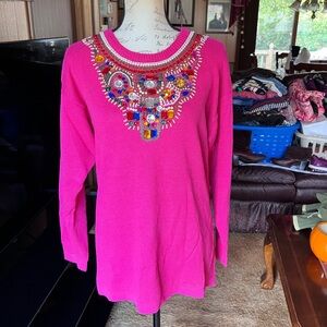 Vintage 1980s Bright Pink Bedazzled Sweater with Colorful Gem Toned Faceted Bead